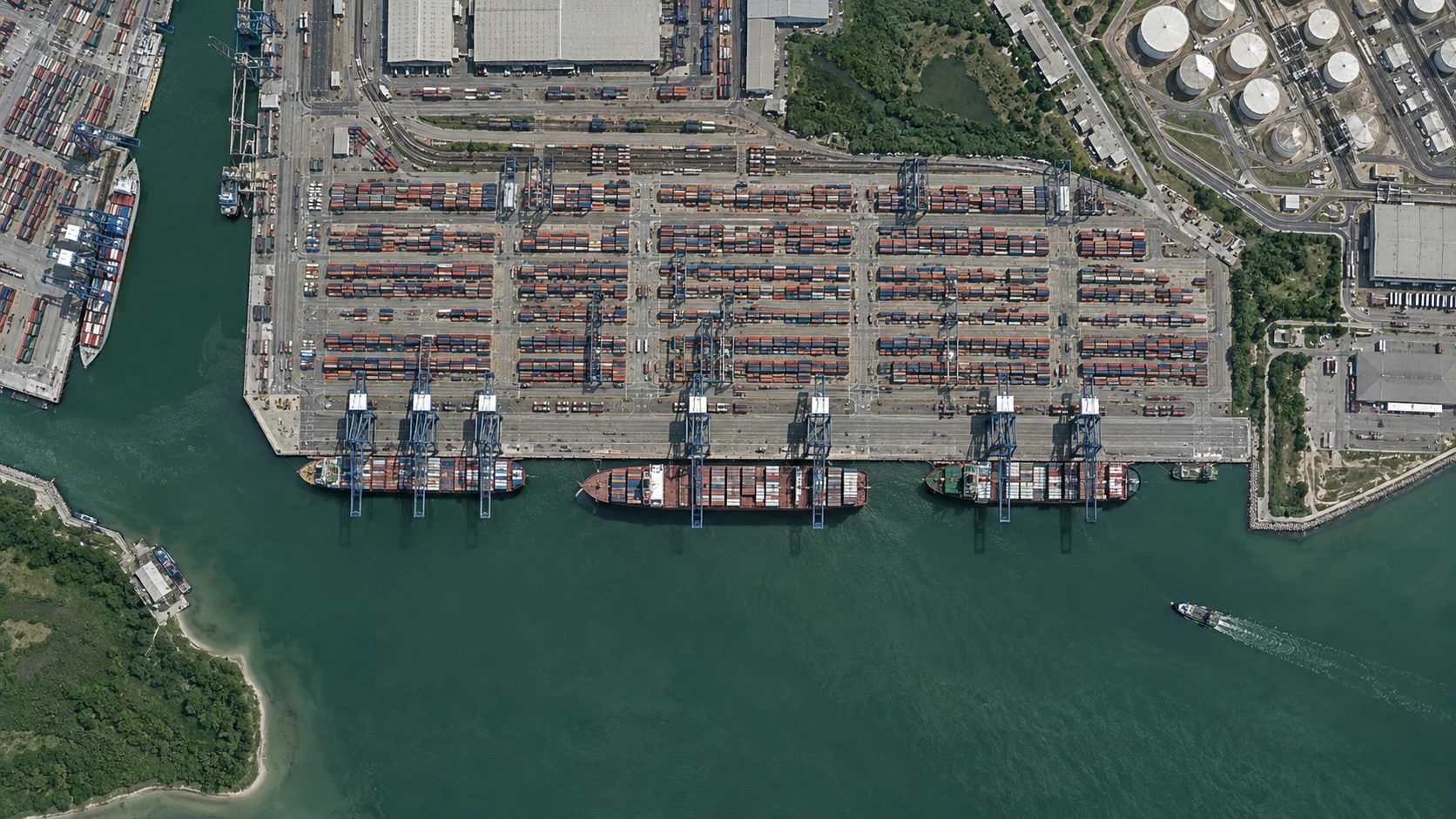 Illustrative overhead view of a container harbor