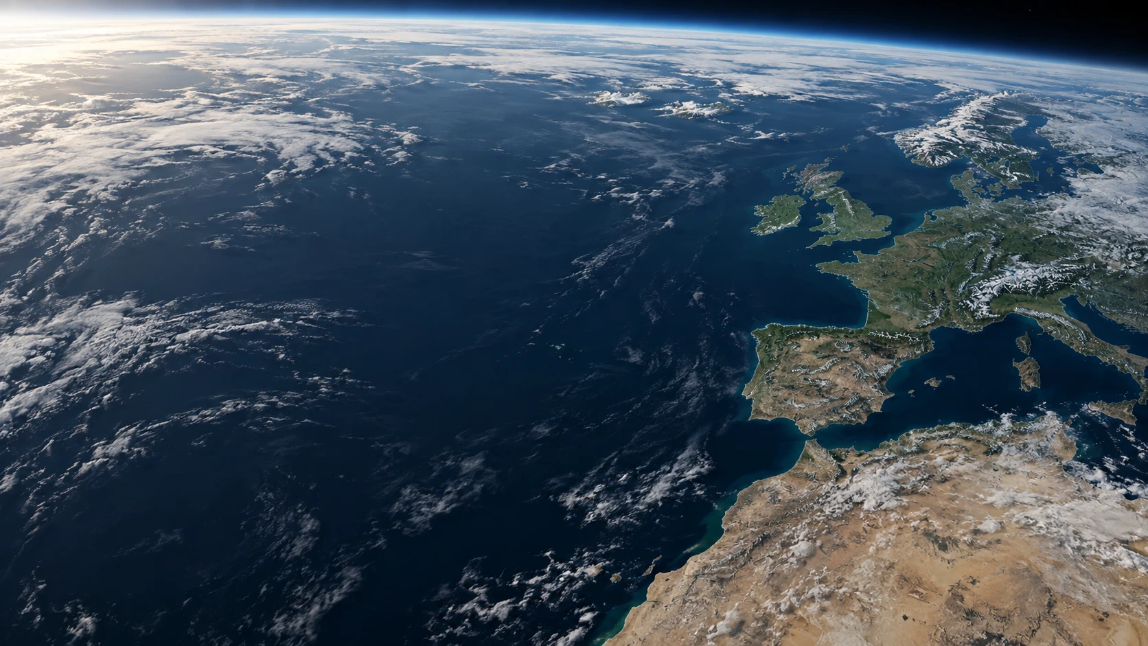 Illustrative orbital view of Europe and the Atlantic Ocean